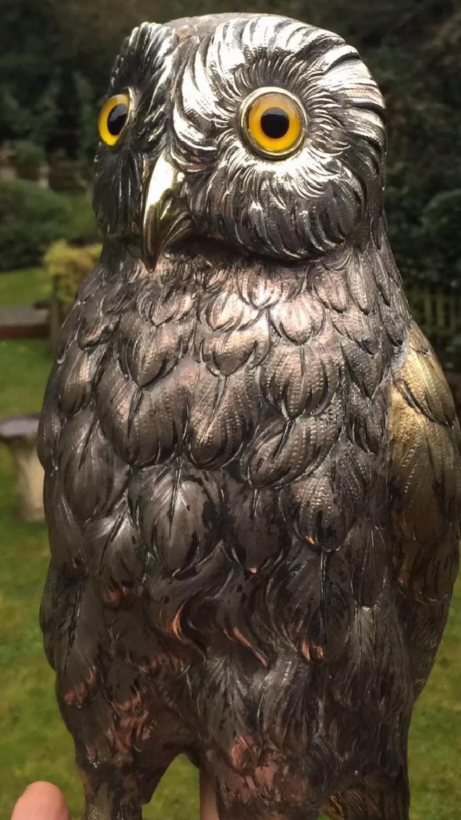 A stunning early 20th century very large sterling silver German owl statue figure c.1920 height : - Image 12 of 15