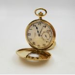 AN VINTAGE 18K GOLD HALF HUNTER POCKET WATCH MADE BY J W BENSON , WHITE FACE AND ARABIC NUMERALS.