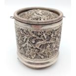 An antique Chinese/Burmese white metal tea caddy box with amazing 3D decoration of birds and flowers