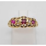 18K Vintage Yellow Gold Diamond & Ruby 5 Stone Ring. Size O. 2.6g