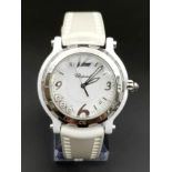 A CHOPARD LIMITED EDITION FUN WATCH WITH 3 FLOATING DIAMONDS , WHITE CHOPARD STRAP 38mm