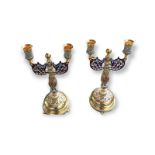 STUNNING 20th century RUSSIAN PAIR OF SOLID SILVER ENAMEL CANDELABRAS. 24k gold gilding. Height of