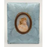 Antique Victorian 19th century miniature portrait painting of a young pretty girl in original frame.