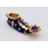 An 18K Yellow Gold with Blue Enamel Fancy Jester/Clown Shoe Charm. 1.8g. 25mm