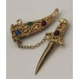 A 9K Yellow Gold Stone Set Dagger Charm/Pendant. Removable dagger! 35mm. 3.9g