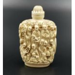 Antique Japanese carved ivory snuff box, signed on bottom. Height 6.7cm, weight 566 grams