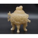 An Antique (19th century) Chinese Soapstone Sugar Bowl. One handle is broken so A/F. 14 x 13cm. 895g
