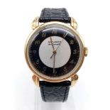 14CT GOLD MOVADO TEMPOMATIC STRAP WATCH MANUAL WIND, BLACK LEATHER STRAP 34MM CASE