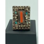 Vintage SILVER stone set RING in ethnic arts and crafts style having large rectangular Silver