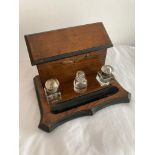 Antique writing/correspondence box having 2 matching glass inkwells and pounce/sand bottle