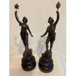 ART DECO pair of SPELTER FIGURES having ?Pouvoir and a force? marked to bases. Hand held flame and