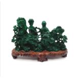 An Antique-Styled Chinese Carved Malachite Sculpture Piece on a Wooden Base. Two female figurines