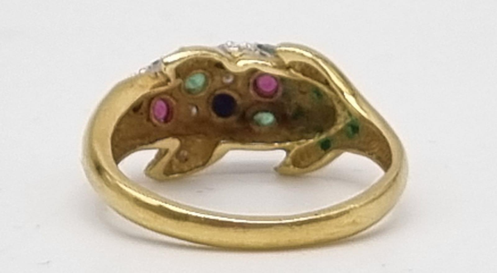 An 18K Yellow Gold Diamond and Precious Set Stone St Dolphin Ring. Size M. 4g - Image 2 of 4