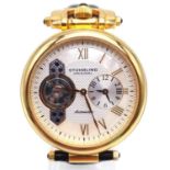 A Stuhrling Automatic Chronograph Gold Plated Gents Watch. Black leather strap. Gold plated case -