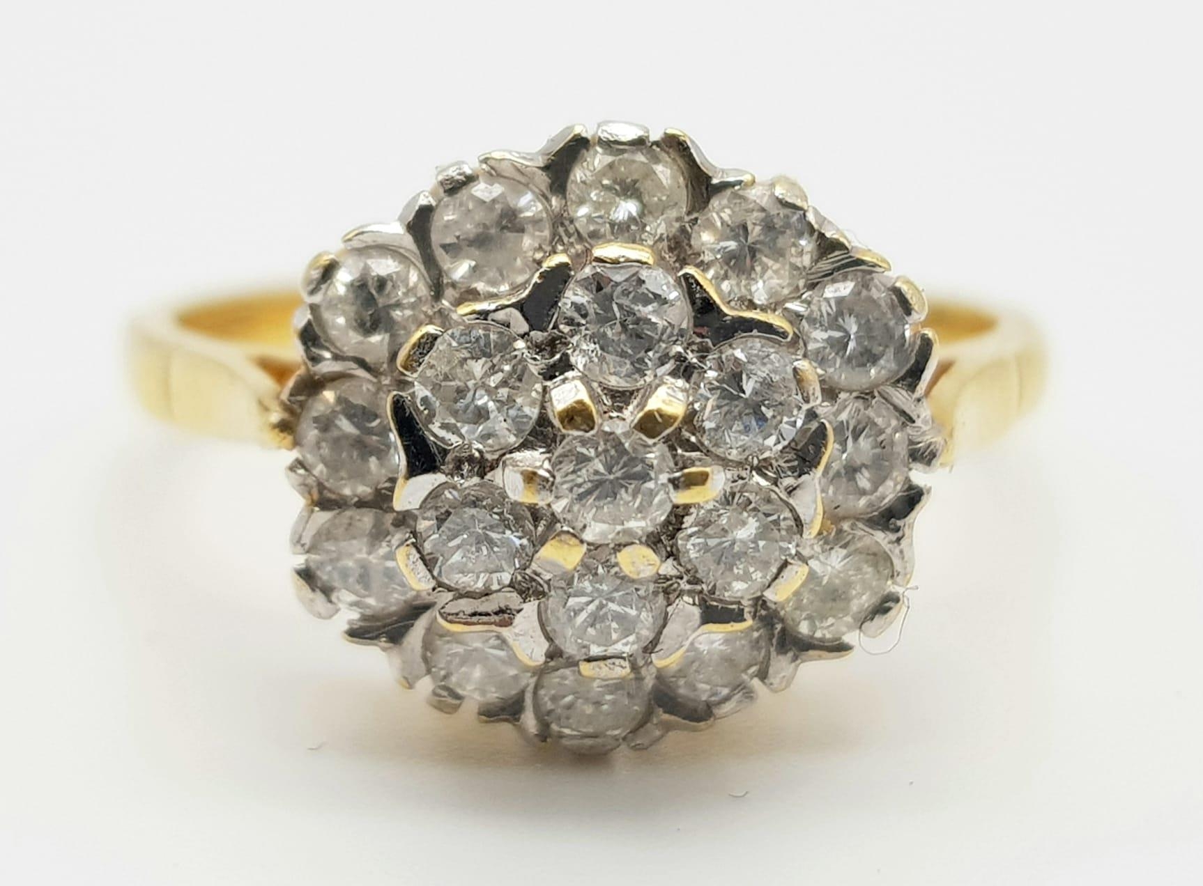 An 18K Yellow Gold Diamond Cluster Ring. Floral shape - 1.0ct. H-VS Grade. Size P. 3.7g. - Image 2 of 5