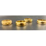 Parcel of 4 yellow metal wedding bands, ring size N1/2, total weight 10.4 grams