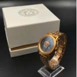 An impressive gents VERSACE watch. Lavishly rose gold plated with sapphire crystal, black face and a