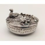 A Vintage White-Metal Pill Box with Ornate Swan and Cygnet Lid Decoration. 4.5 x 3cm. 70g.