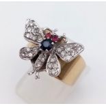 A Beautiful 14K Yellow Gold Diamond, Sapphire and Ruby Butterfly Ring. 0.30ct. Size N. 8.6g.