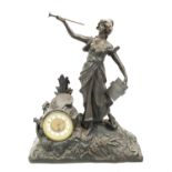 An Antique Spelter Mantle Clock Decorated with a Woman Blowing Her Own Horn - In favour of