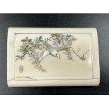 An Antique Meije Period Ivory Case - Inlaid Bird and floral decoration. 10 x7cm.