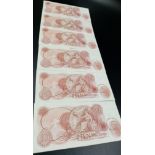 Six 1967 Fforde Ten Shilling Notes. B310 - Sequential serial numbers. Uncirculated condition in a