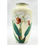 Japanese enamel Cloisonné vase, 22cm in height. Orchid plant decoration, very good condition.