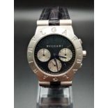 A Rare Bvlgari Diagono Chronograph 18K White Gold Gents Watch. Black leather strap with 18K white