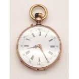 A LATE 19TH CENTURY 18K ROSE GOLD LADIES POCKET WATCH WITH IMMACULATE WHITE FACE AND ROMAN NUMERALS.