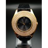 A Mauboussin Automatic 18k Yellow Gold Diamond Ladies Watch. Black leather strap with 18k Gold and