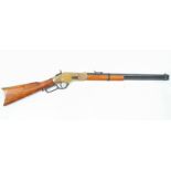 REPLICA 1866 WINCHESTER REPEATING RIFLE WITH SOLID BRASS TRIM. DRY FIRING ACTION AND CARTRIDGE