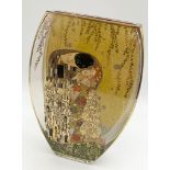 A GOEBELS GLASS VASE WITH AN IMAGE OF GUSTAV KLIMT ON THE FRONT. 22CM TALL BY 16CM WIDTH