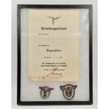 WW2 Luftwaffe Pilots Certificate and qualification badges in metal and cloth. The metal pilots badge