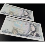 Two 1988 Gill Five Pound Notes with Consecutive Serial Numbers. Uncirculated condition in a