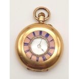 AN 18K GOLD LADIES HALF HUNTER POCKET WATCH WITH PINK MOTHER OF PEARL BEZEL DATED JUNE 1899 AND IN