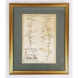 A 1790 John Cary Antique Road Map of London to Hertford. In frame - 24 x 29cm. A/F