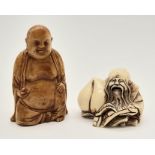 Two early Japanese carved ivory figurines. Height 6.7 and 4.7 cm, total weight: 77 g.