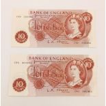 Two 1961 O'Brien Ten Shilling Notes with Consecutive Serial Numbers. C80 300995 and 6. B286.