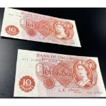 Two 1961 O'Brien First Series Ten Shilling Notes. A54 016610 and A73 273537. B286. Both extra fine