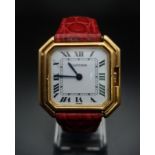 A Cartier Ceinture 18K Gold Ladies Quartz Watch. Pink alligator strap with 18k gold case - 33mm.
