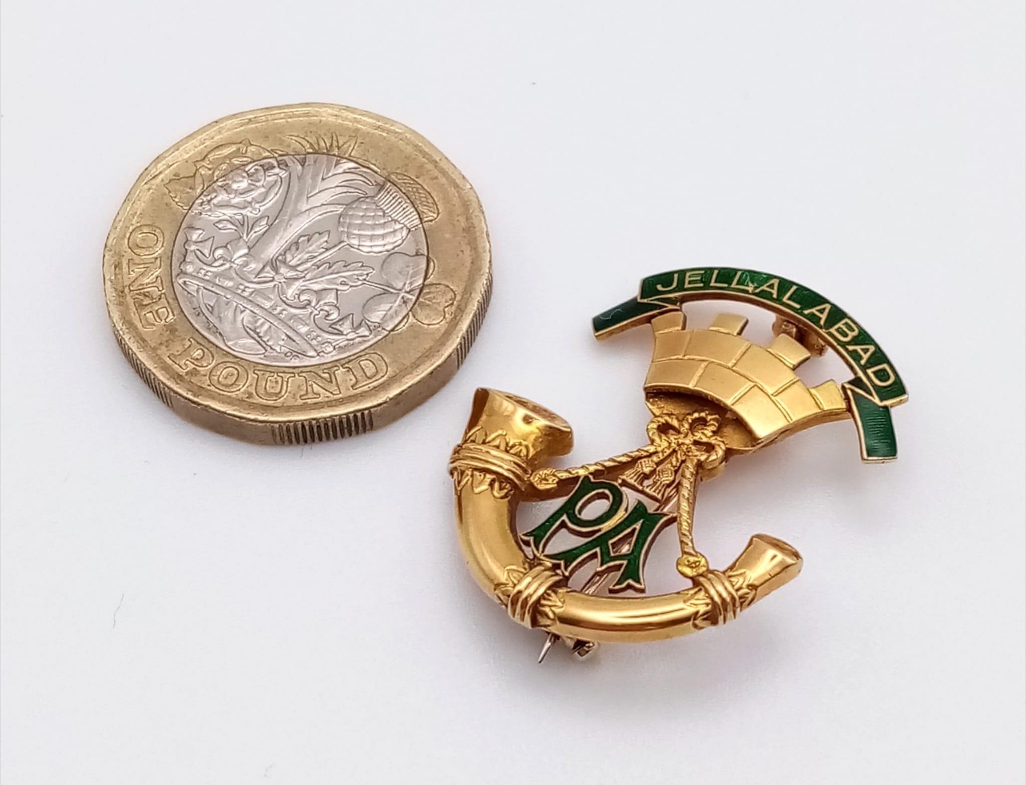 A Rare Antique 15K (tested) Yellow Gold and Enamel Battle of Jellalabad Brooch. Comes in original - Image 8 of 10
