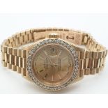 18K GOLD ROLEX OYSTER PERPETUAL DATE-JUST WATCH, GOLD TONE FACE DIAMOND BEZEL AND SOLID GOLD