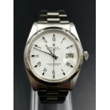 ROLEX OYSTER PERPETUAL DATE STAINLESS STEEL WITH WHITE FACE ROMAN NUMERAL 35MM