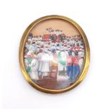 A VERY RARE HAND PAINTED IVORY MINIATURE OF INDIAN PEOPLE IN FRONT OF QUEEN IN FRAME. 6 X 7cms