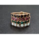 14K Rose Gold Four-Row Fancy Ring Emerald, Ruby, Sapphire and Opal (1 Opal is damaged) Size M - 5g