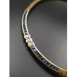 18K YELLOW GOLD NECKLACE WITH ROUND BRILLIANT DIAMOND AND CHANNEL SET SAPPHIRE, WEIGHT 28.6G AND