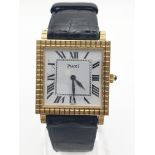 PIAGET 18K GOLD LADIES WATCH, SQUARE FACE GOLD BEZEL ORIGINAL LEATHER STRAP 23MM