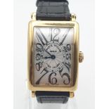 FRANCK MULLER 18K GOLD TANK STYLE WATCH, LEATHER STRAP 23x32MM