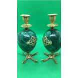 Stunning 20thC Russian Pair Of Solid Silver Malachite Egg Bird Claw Candlesticks. Silver is gilt and