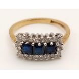 9K Yellow Gold Diamond and Sapphire Cluster Ring. SIZE L 1/2. 2.3G 0.20CT